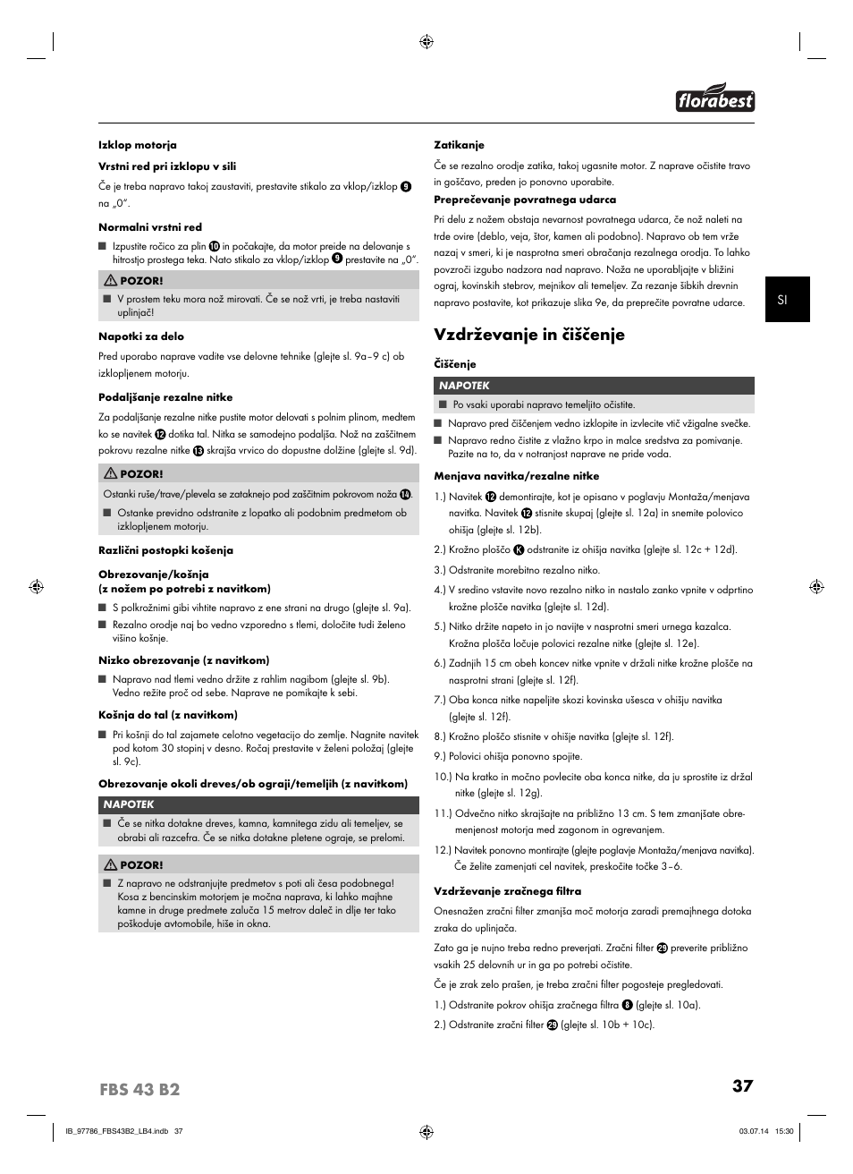 Vzdrževanje in čiščenje | Florabest FBS 43 B2 User Manual | Page 42 / 76