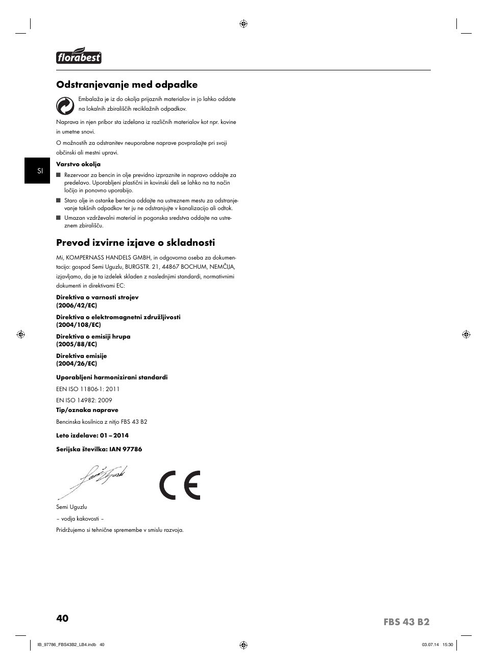 Odstranjevanje med odpadke, Prevod izvirne izjave o skladnosti | Florabest FBS 43 B2 User Manual | Page 45 / 76