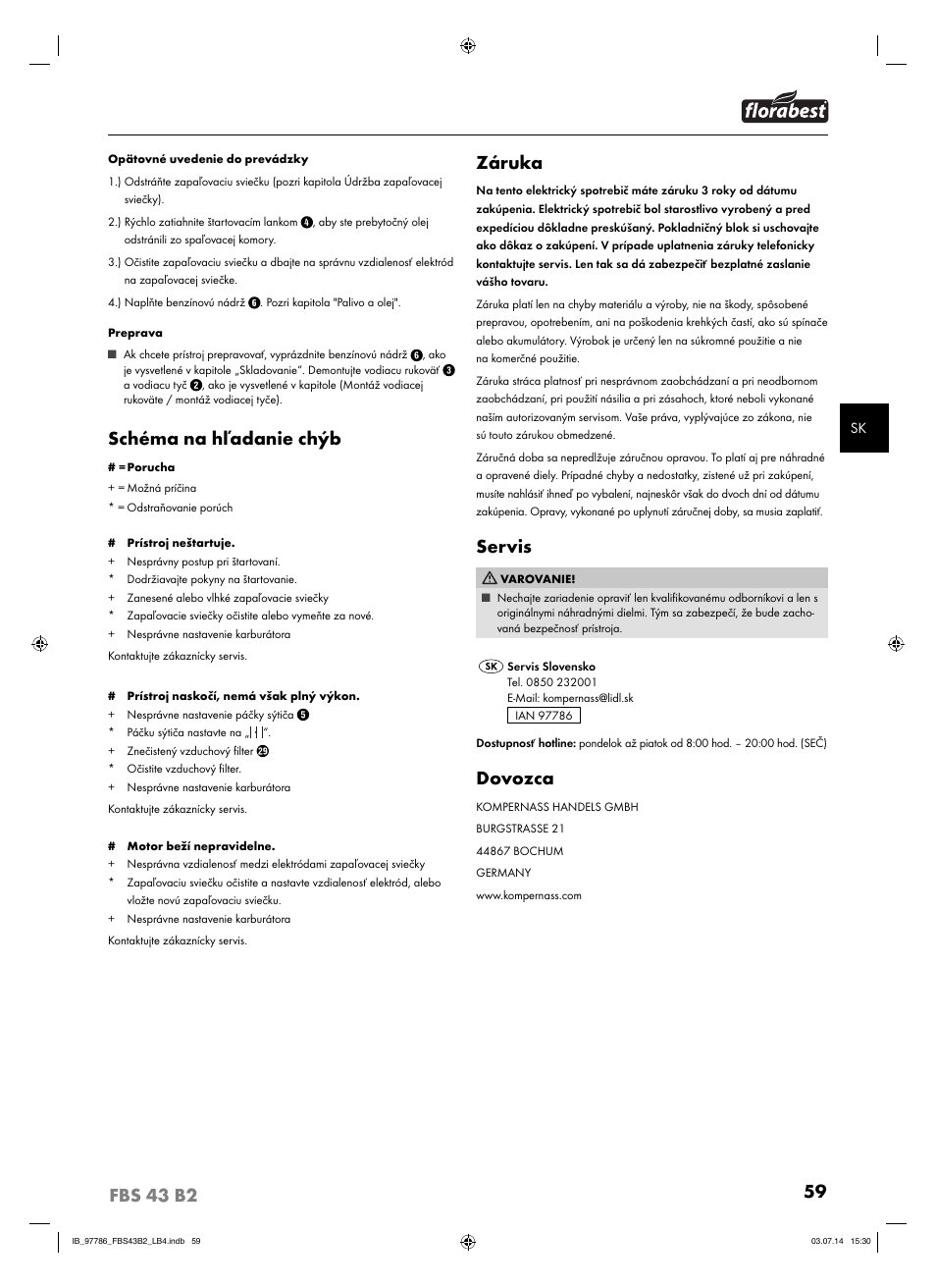 Schéma na hľadanie chýb, Záruka, Servis | Dovozca | Florabest FBS 43 B2 User Manual | Page 64 / 76