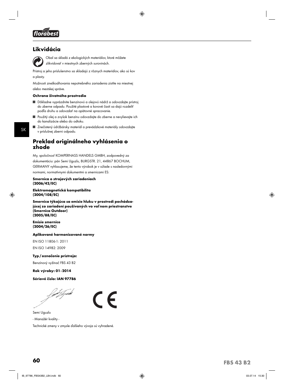 Likvidácia, Preklad originálneho vyhlásenia o zhode | Florabest FBS 43 B2 User Manual | Page 65 / 76