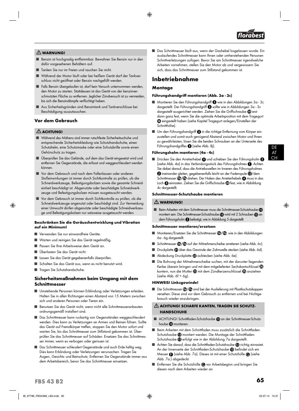 Inbetriebnahme | Florabest FBS 43 B2 User Manual | Page 70 / 76
