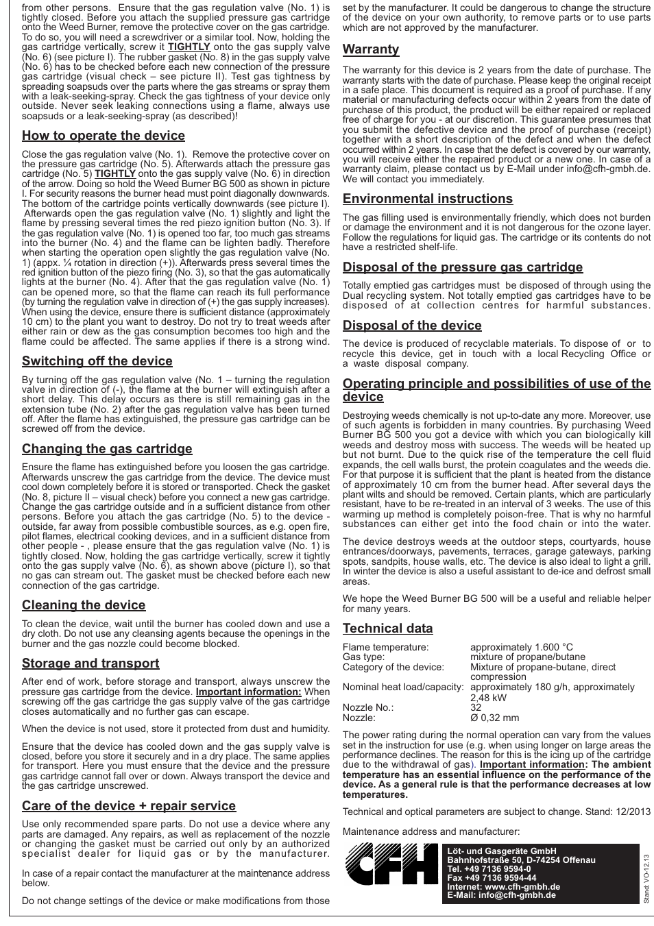 Warranty, Environmental instructions, Disposal of the pressure gas cartridge | Disposal of the device, Technical data, How to operate the device, Switching off the device, Changing the gas cartridge, Cleaning the device, Storage and transport | Florabest BG 500 User Manual | Page 2 / 2