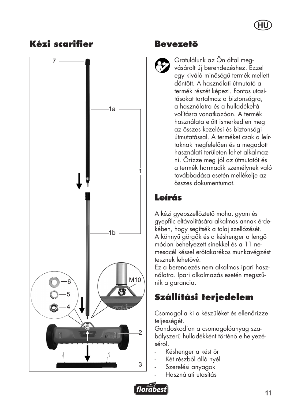 Bevezetö, Leírás, Szállítási terjedelem | Kézi scarifier | Florabest FHK 15 A1 User Manual | Page 11 / 28
