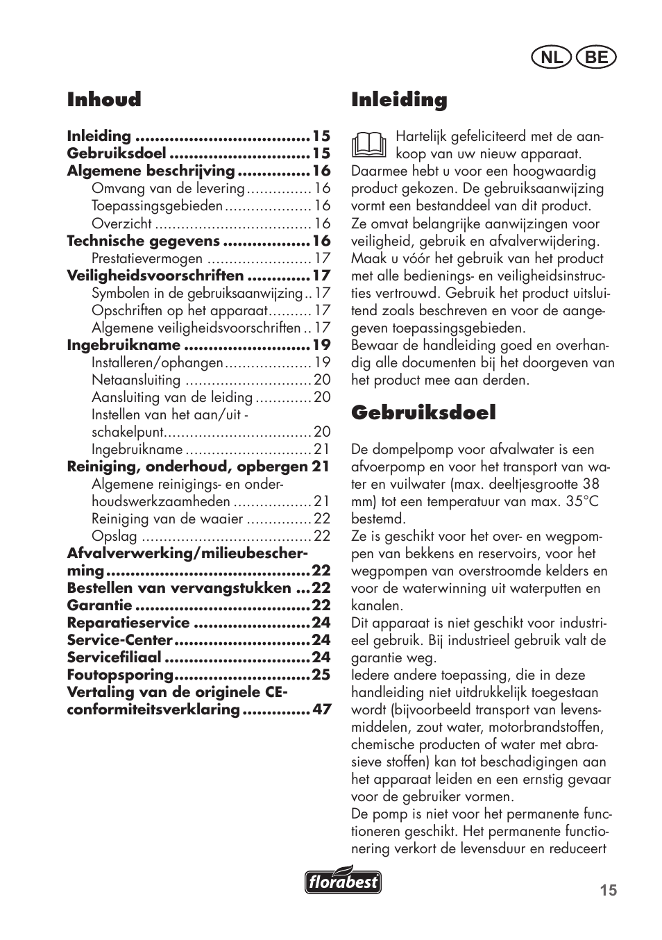 Inleiding, Gebruiksdoel, Inhoud | Nl be | Florabest FTS 1100 B2 User Manual | Page 15 / 50
