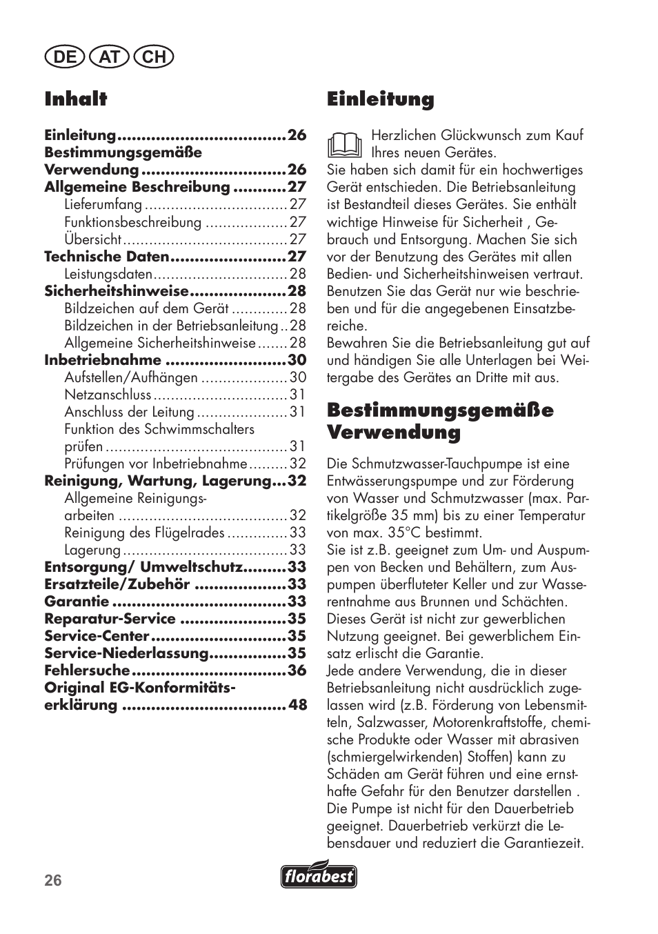 Einleitung, Bestimmungsgemäße verwendung, Inhalt | De at ch | Florabest FTS 1100 B2 User Manual | Page 26 / 50