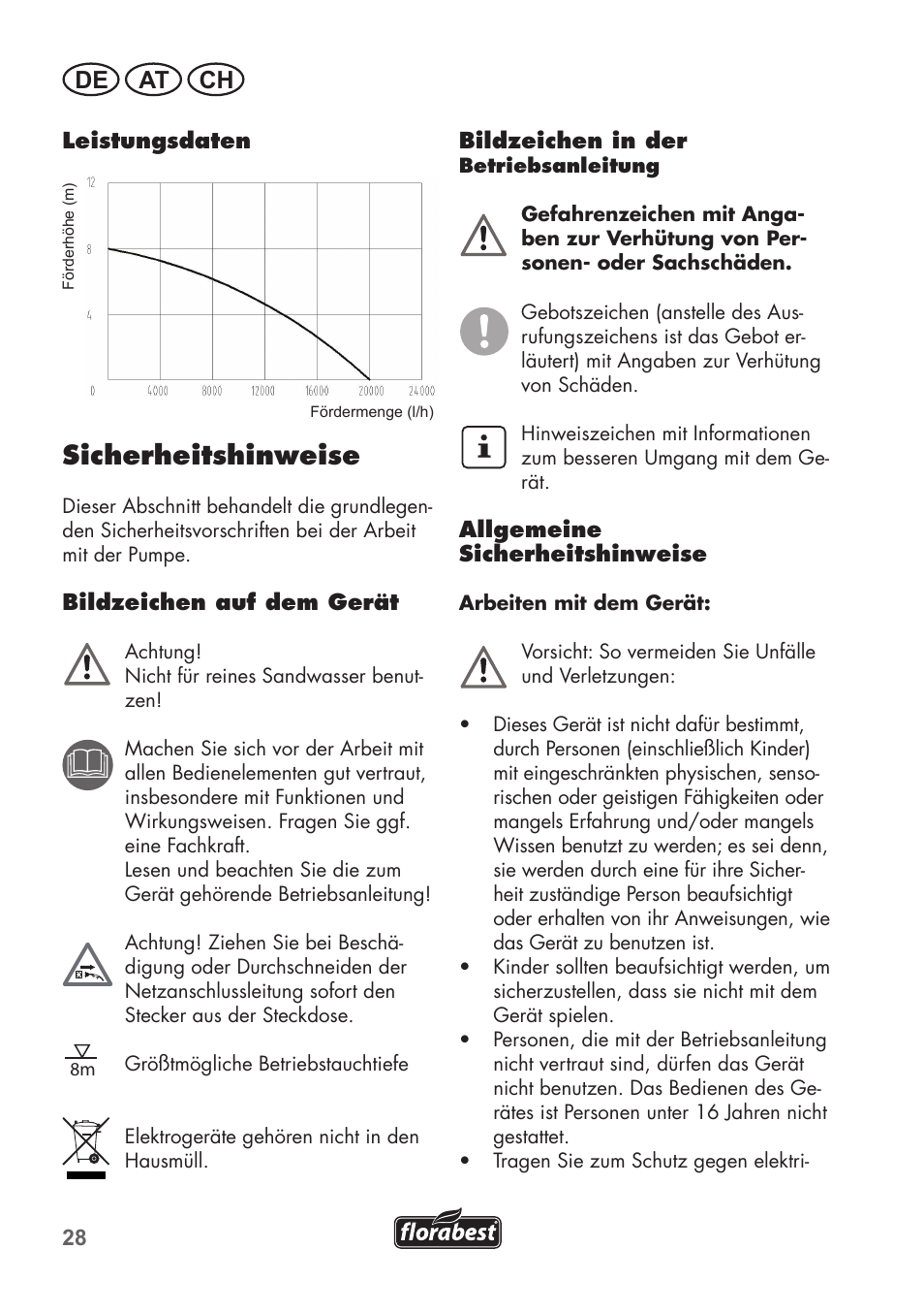 Sicherheitshinweise, De at ch | Florabest FTS 1100 B2 User Manual | Page 28 / 50