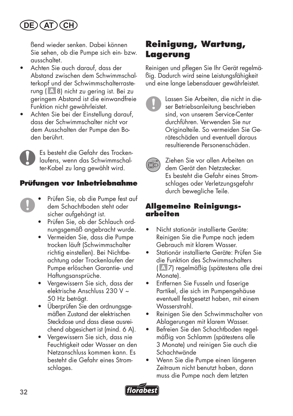 Reinigung, wartung, lagerung, De at ch | Florabest FTS 1100 B2 User Manual | Page 32 / 50