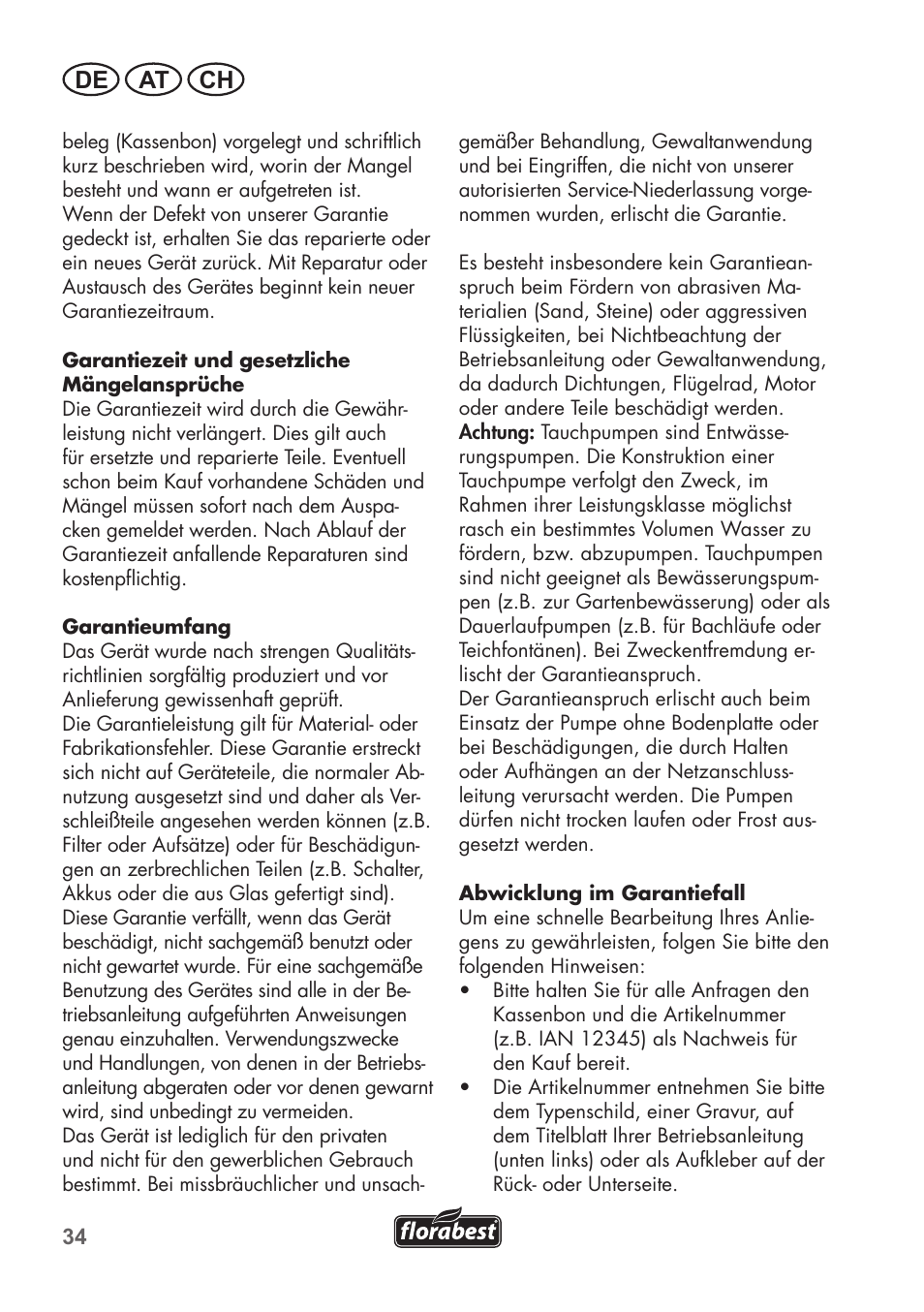 De at ch | Florabest FTS 1100 B2 User Manual | Page 34 / 50