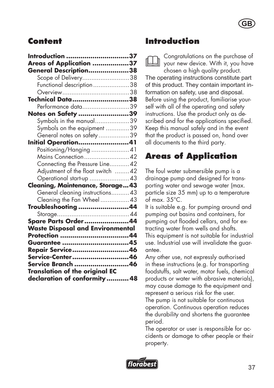 Introduction, Areas of application, Content | Florabest FTS 1100 B2 User Manual | Page 37 / 50