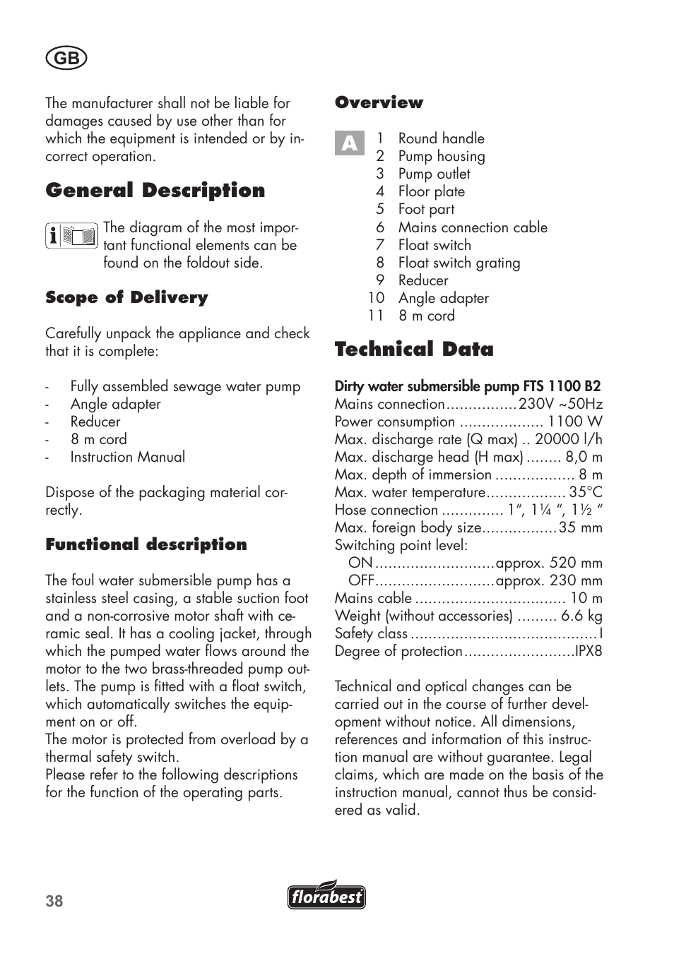 Technical data, General description | Florabest FTS 1100 B2 User Manual | Page 38 / 50