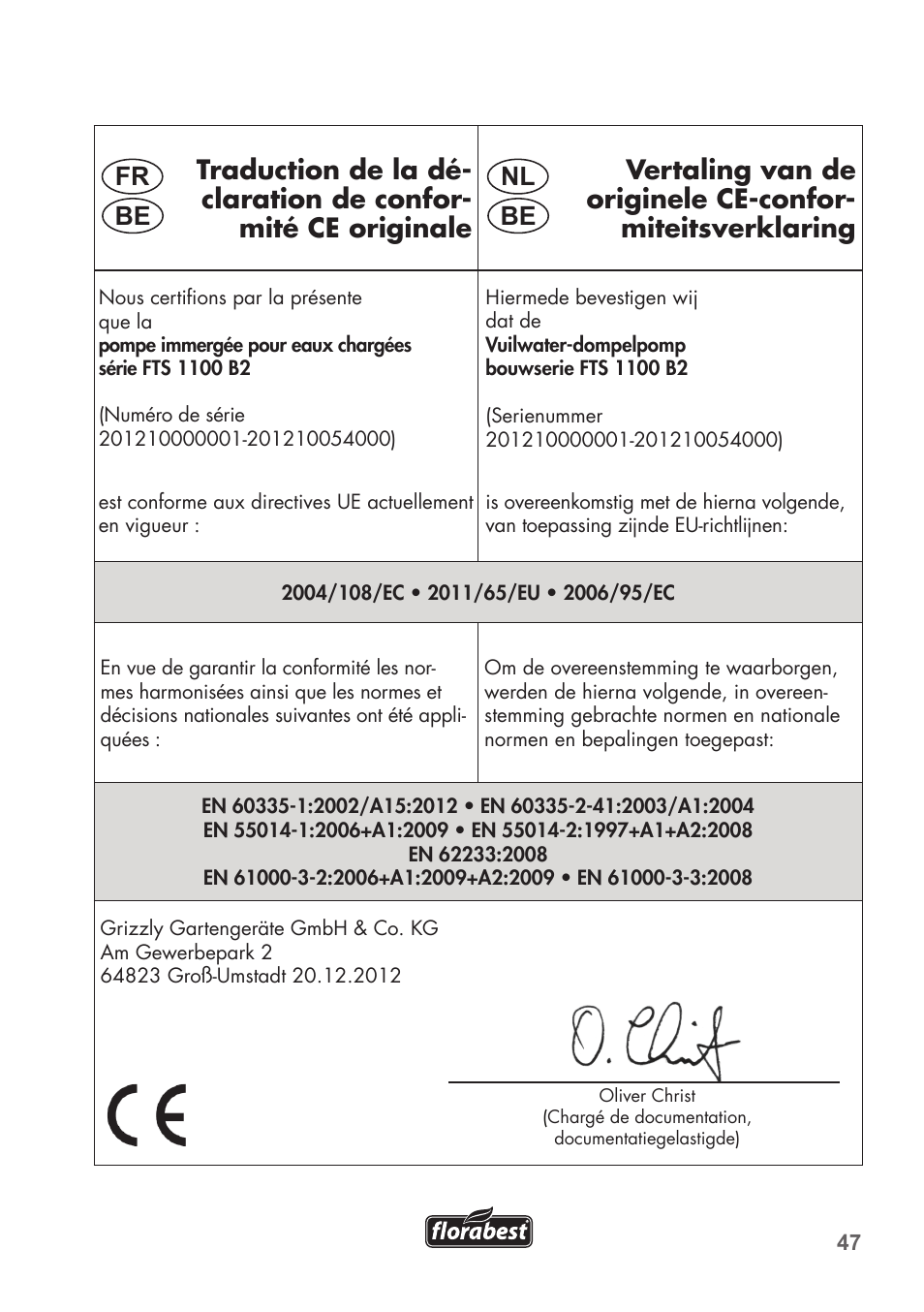 Nl fr be be | Florabest FTS 1100 B2 User Manual | Page 47 / 50