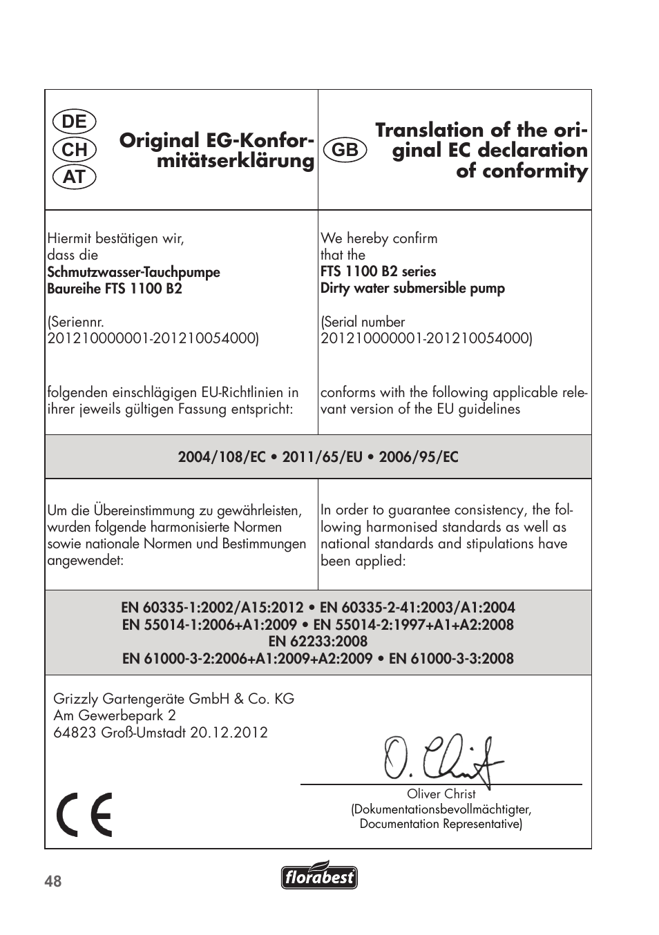 Gb de at ch | Florabest FTS 1100 B2 User Manual | Page 48 / 50