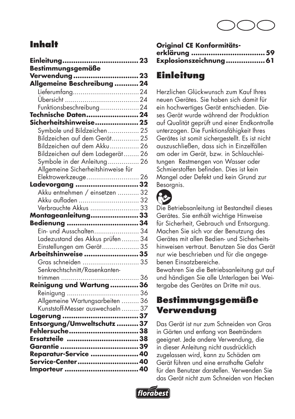 Inhalt, Einleitung, Bestimmungsgemäße verwendung | De at ch | Florabest FAT 18 B2 User Manual | Page 23 / 64