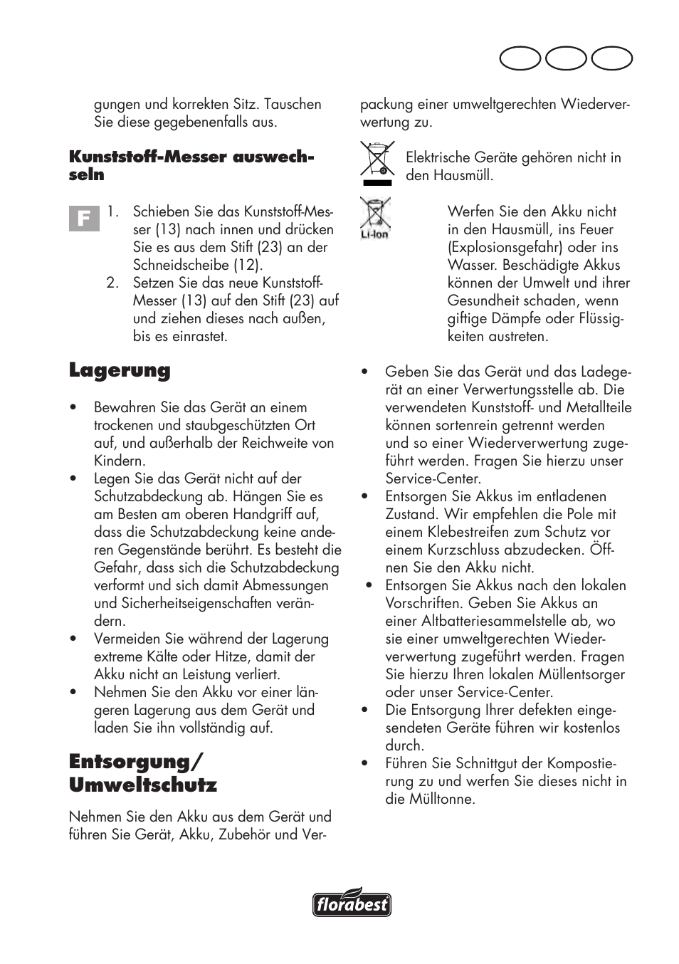 Lagerung, Entsorgung/ umweltschutz, De at ch | Florabest FAT 18 B2 User Manual | Page 37 / 64