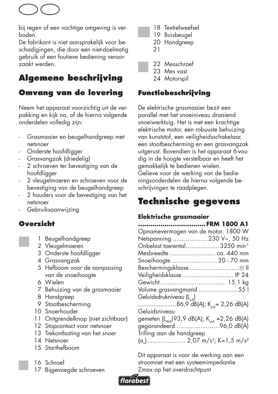Technische gegevens, Nl be, Algemene beschrijving | Omvang van de levering | Florabest FRM 1800 A1 User Manual | Page 32 / 60