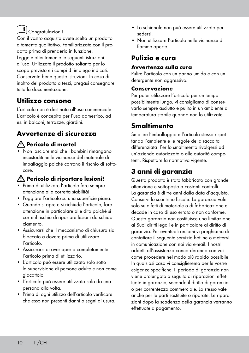 Utilizzo consono, Avvertenze di sicurezza, Pulizia e cura | Smaltimento, 3 anni di garanzia | Florabest GK-1591 User Manual | Page 10 / 16