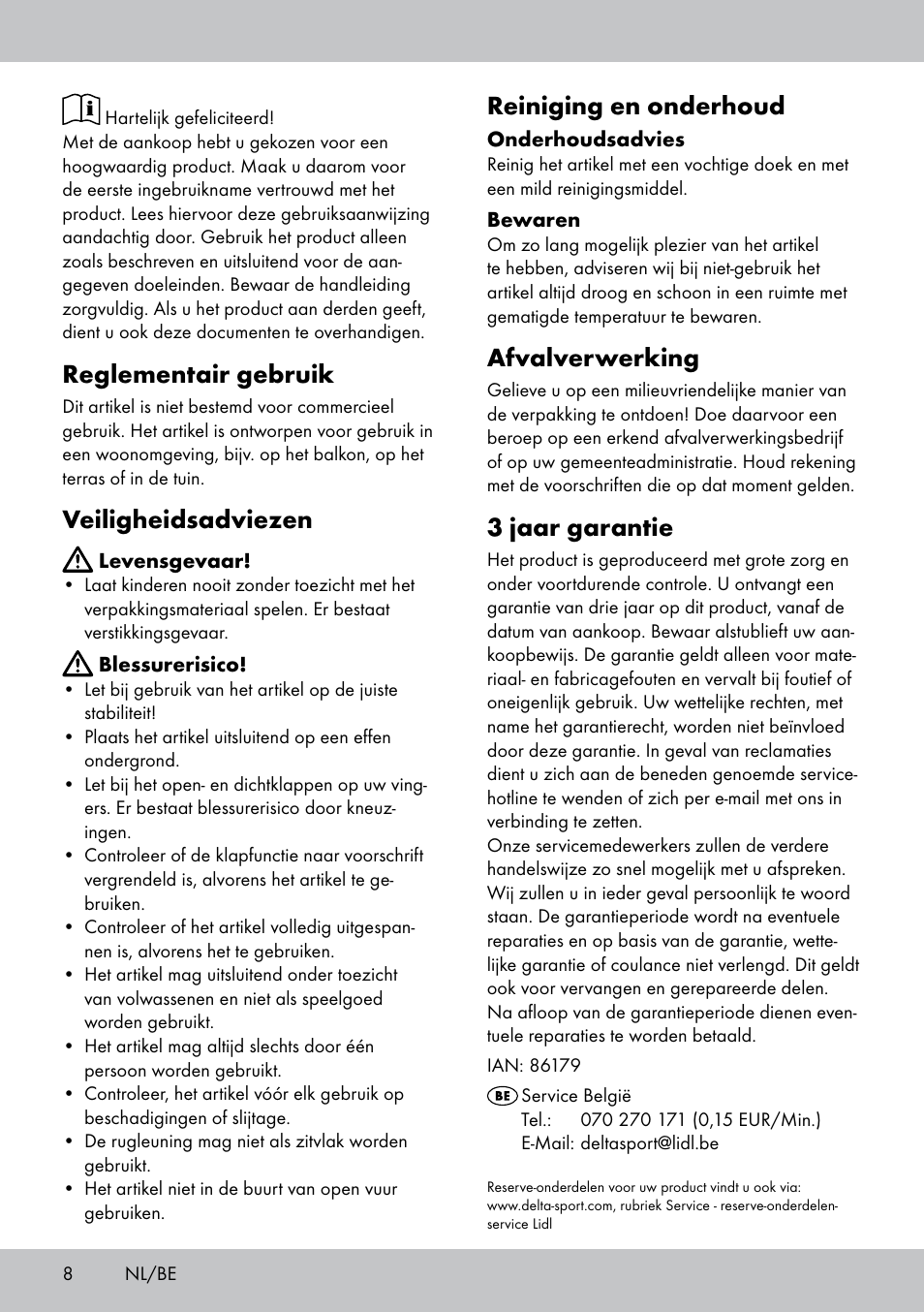 Reglementair gebruik, Veiligheidsadviezen, Reiniging en onderhoud | Afvalverwerking, 3 jaar garantie | Florabest GK-1591 User Manual | Page 8 / 12