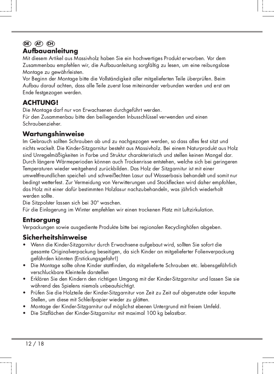 Aufbauanleitung, Achtung, Wartungshinweise | Entsorgung, Sicherheitshinweise | Florabest Kids' Picnic Table User Manual | Page 12 / 18