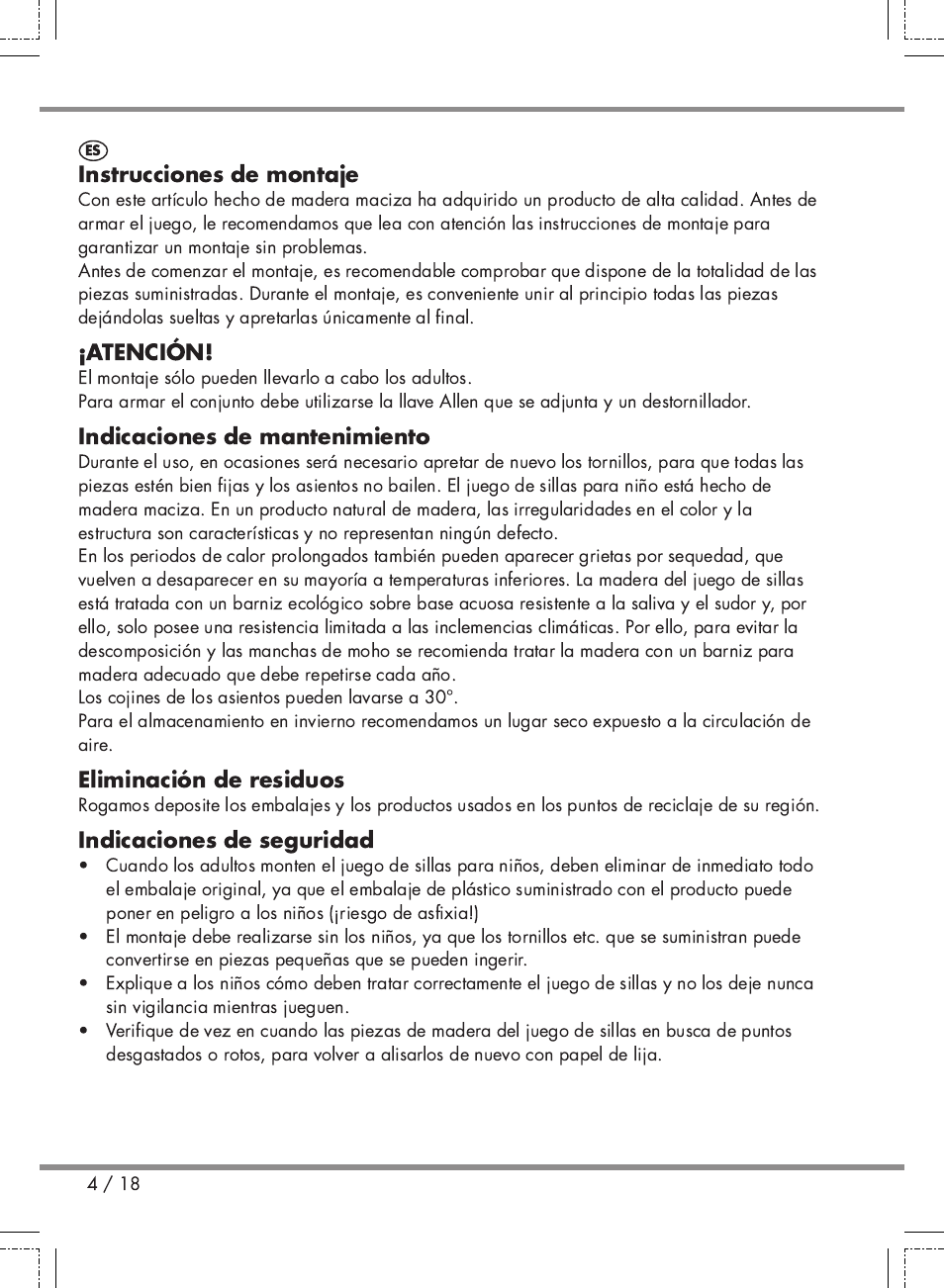 Instrucciones de montaje, Atención, Indicaciones de mantenimiento | Eliminación de residuos, Indicaciones de seguridad | Florabest Kids' Picnic Table User Manual | Page 4 / 18