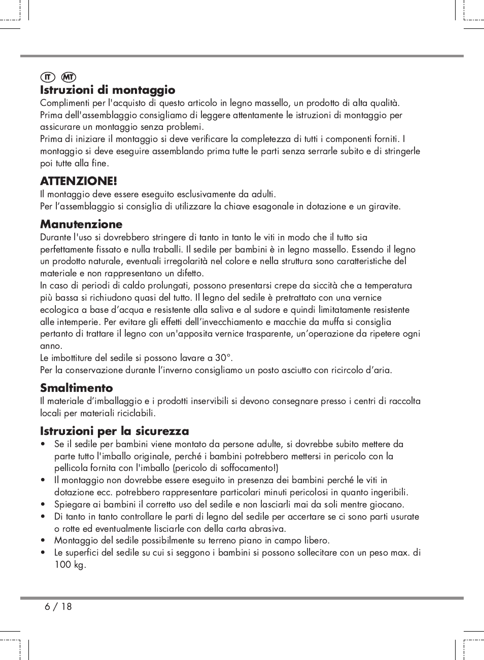 Istruzioni di montaggio, Attenzione, Manutenzione | Smaltimento, Istruzioni per la sicurezza | Florabest Kids' Picnic Table User Manual | Page 6 / 18