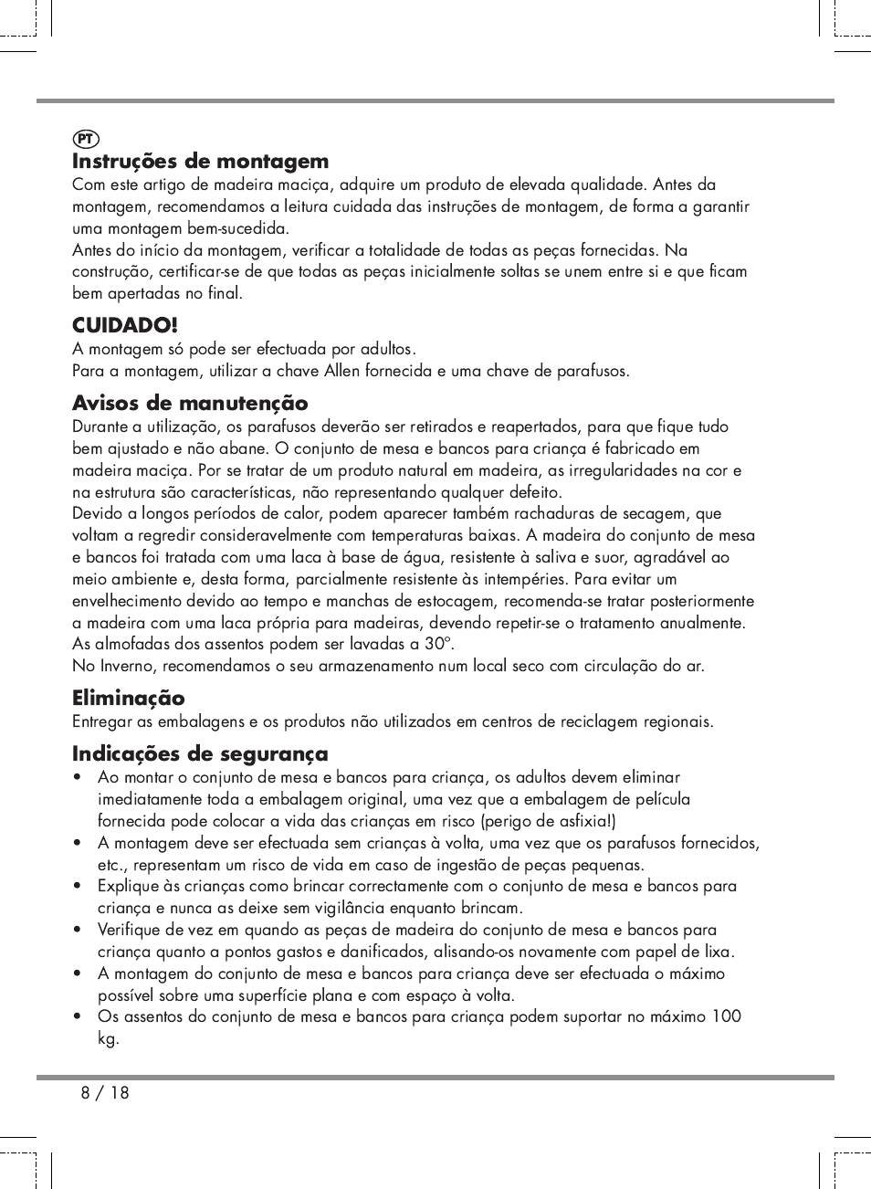 Instruções de montagem, Cuidado, Avisos de manutenção | Eliminação, Indicações de segurança | Florabest Kids' Picnic Table User Manual | Page 8 / 18