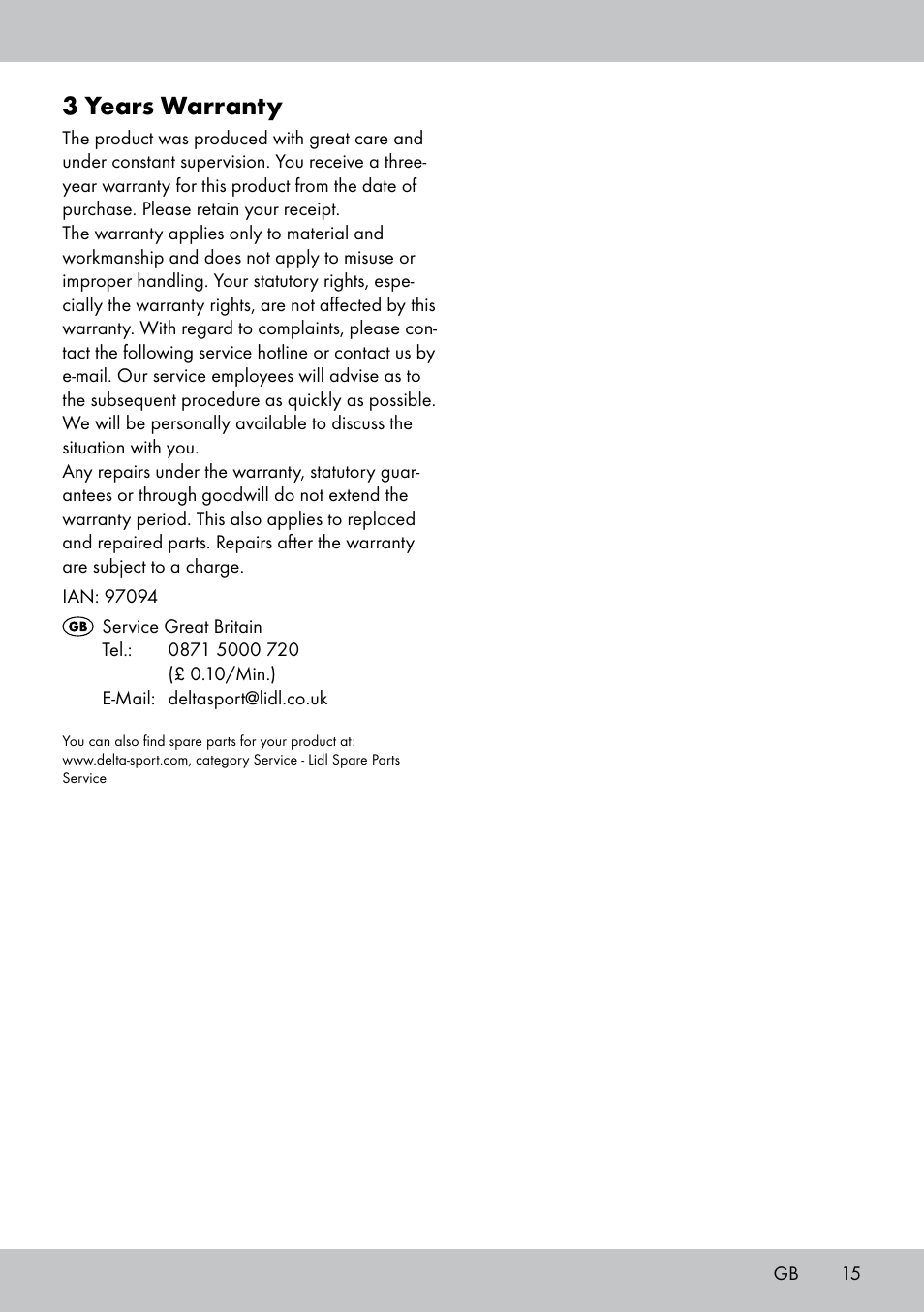 3 years warranty | Florabest GR-1598 User Manual | Page 15 / 16