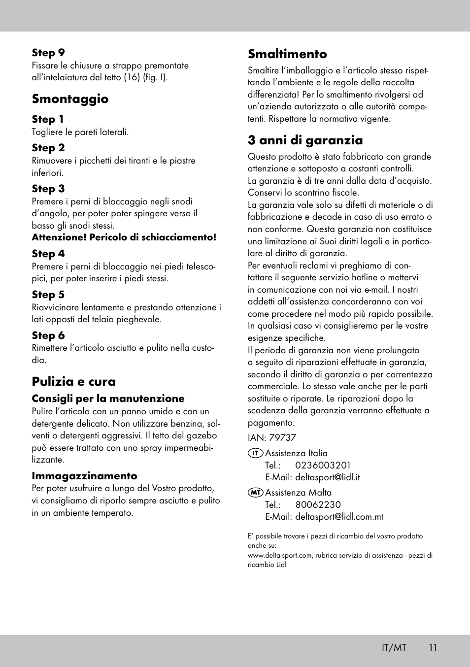 Smaltimento, 3 anni di garanzia, Smontaggio | Pulizia e cura | Florabest PA-1577 User Manual | Page 11 / 24