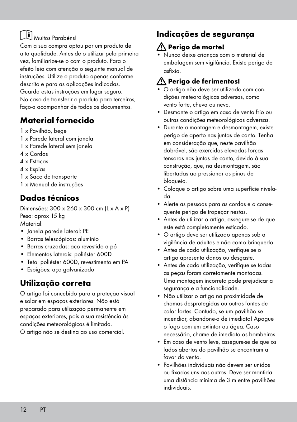Material fornecido, Dados técnicos, Utilização correta | Indicações de segurança | Florabest PA-1577 User Manual | Page 12 / 24