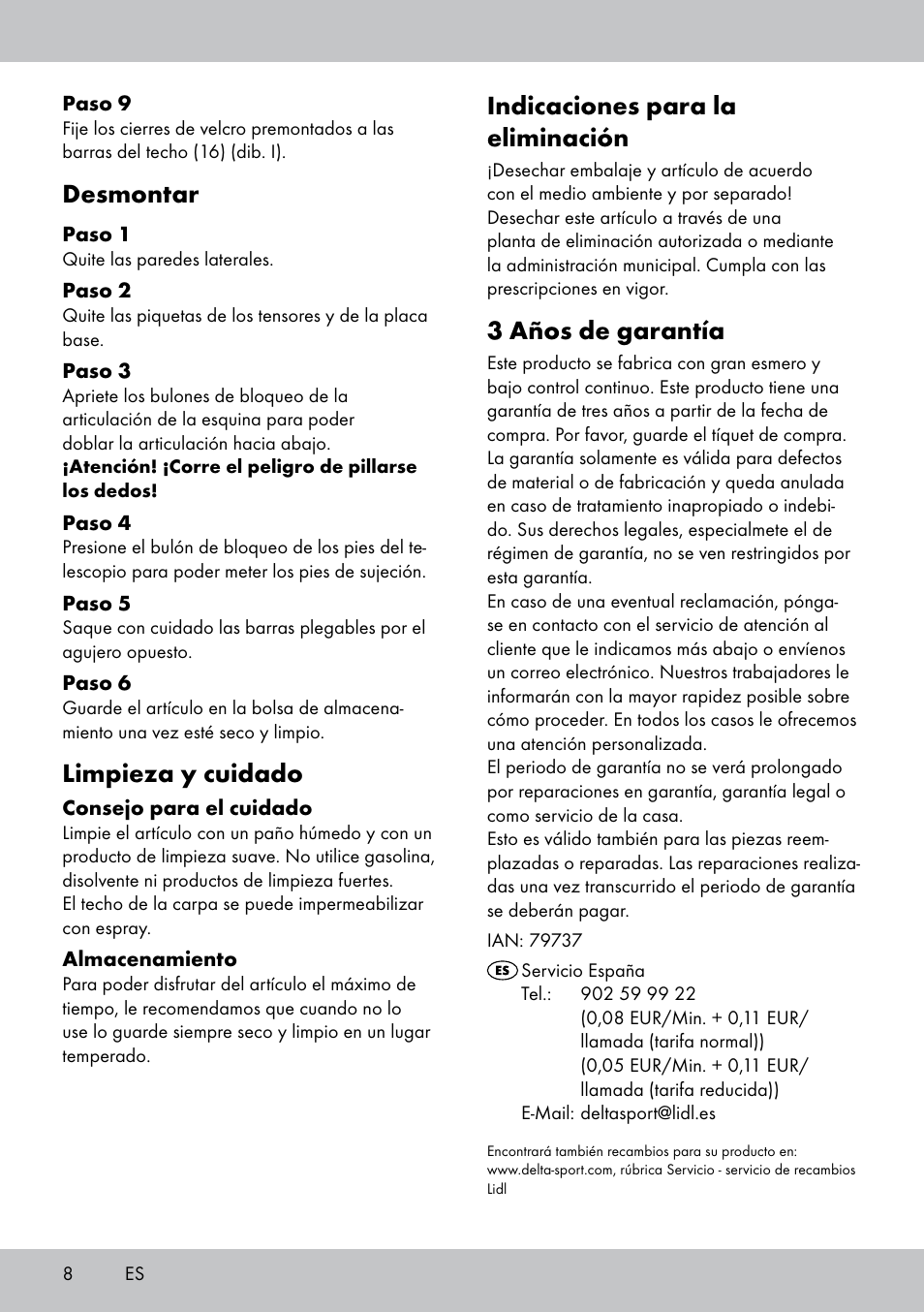 Indicaciones para la eliminación, 3 años de garantía, Desmontar | Limpieza y cuidado | Florabest PA-1577 User Manual | Page 8 / 24