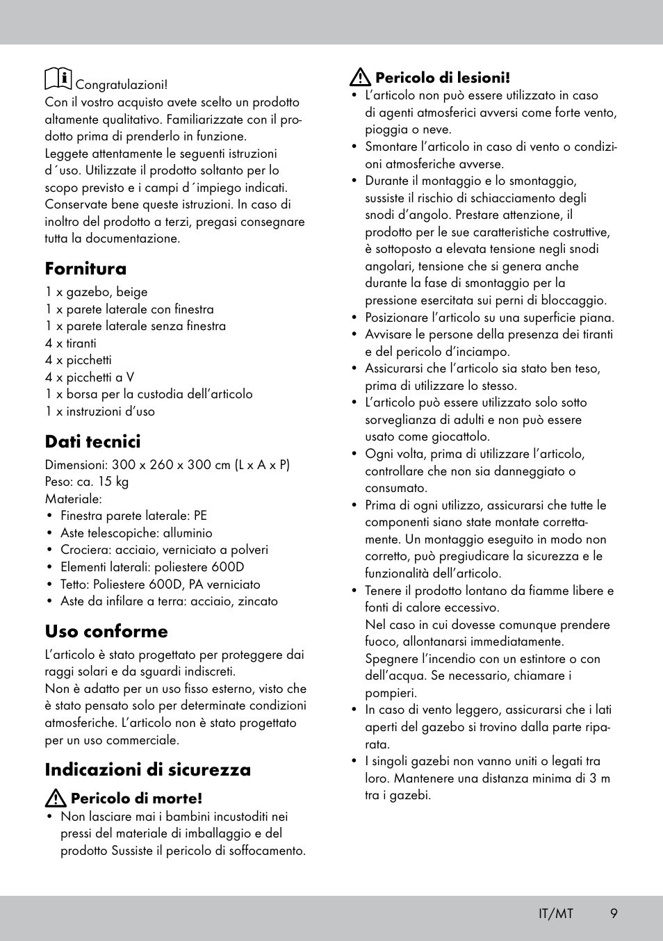 Fornitura, Dati tecnici, Uso conforme | Indicazioni di sicurezza | Florabest PA-1577 User Manual | Page 9 / 24