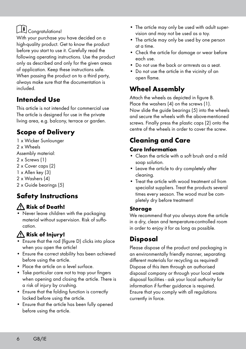 Intended use, Scope of delivery, Safety instructions | Wheel assembly, Cleaning and care, Disposal | Florabest GR-1598 User Manual | Page 6 / 20
