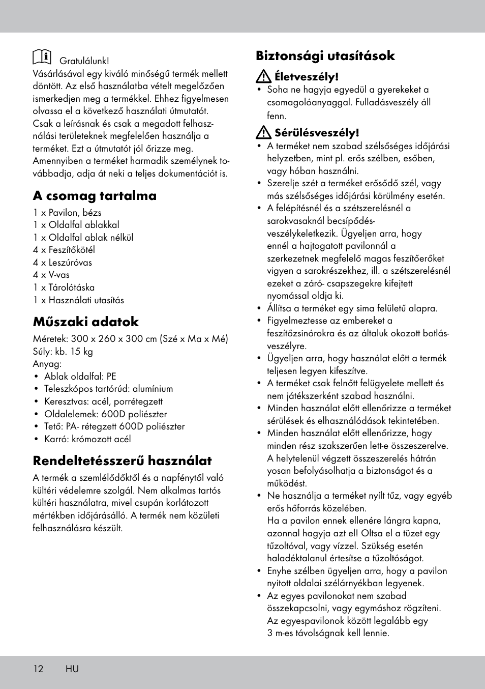 A csomag tartalma, Műszaki adatok, Rendeltetésszerű használat | Biztonsági utasítások | Florabest PA-1577 User Manual | Page 12 / 30
