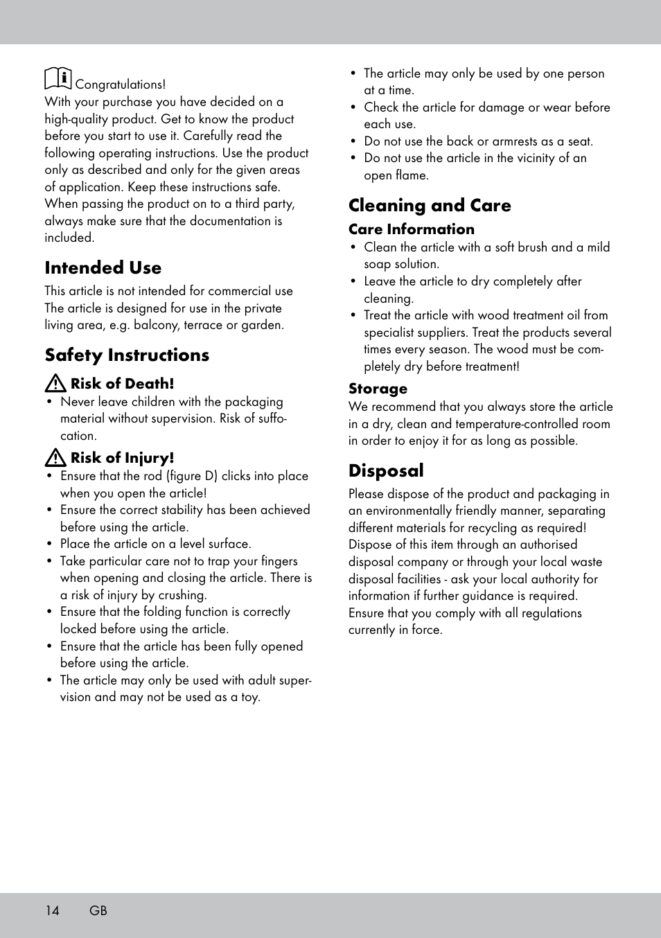 Intended use, Safety instructions, Cleaning and care | Disposal | Florabest GK-1600 User Manual | Page 14 / 16