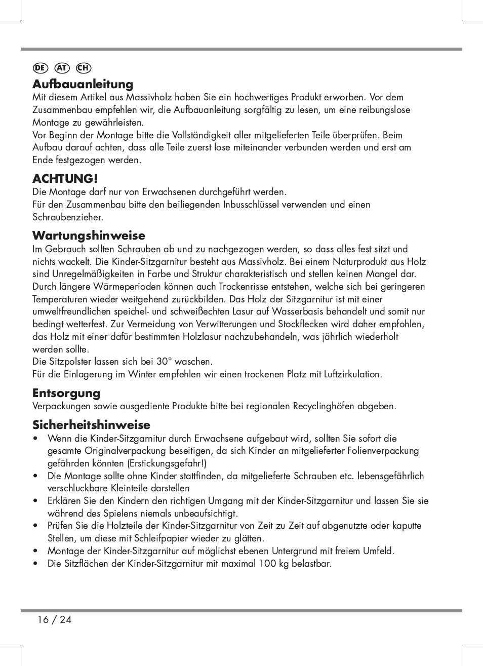 Aufbauanleitung, Achtung, Wartungshinweise | Entsorgung, Sicherheitshinweise | Florabest Kids' Picnic Table User Manual | Page 16 / 24