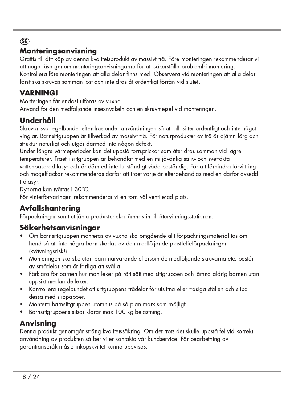 Monteringsanvisning, Varning, Underhåll | Avfallshantering, Säkerhetsanvisningar, Anvisning | Florabest Kids' Picnic Table User Manual | Page 8 / 24