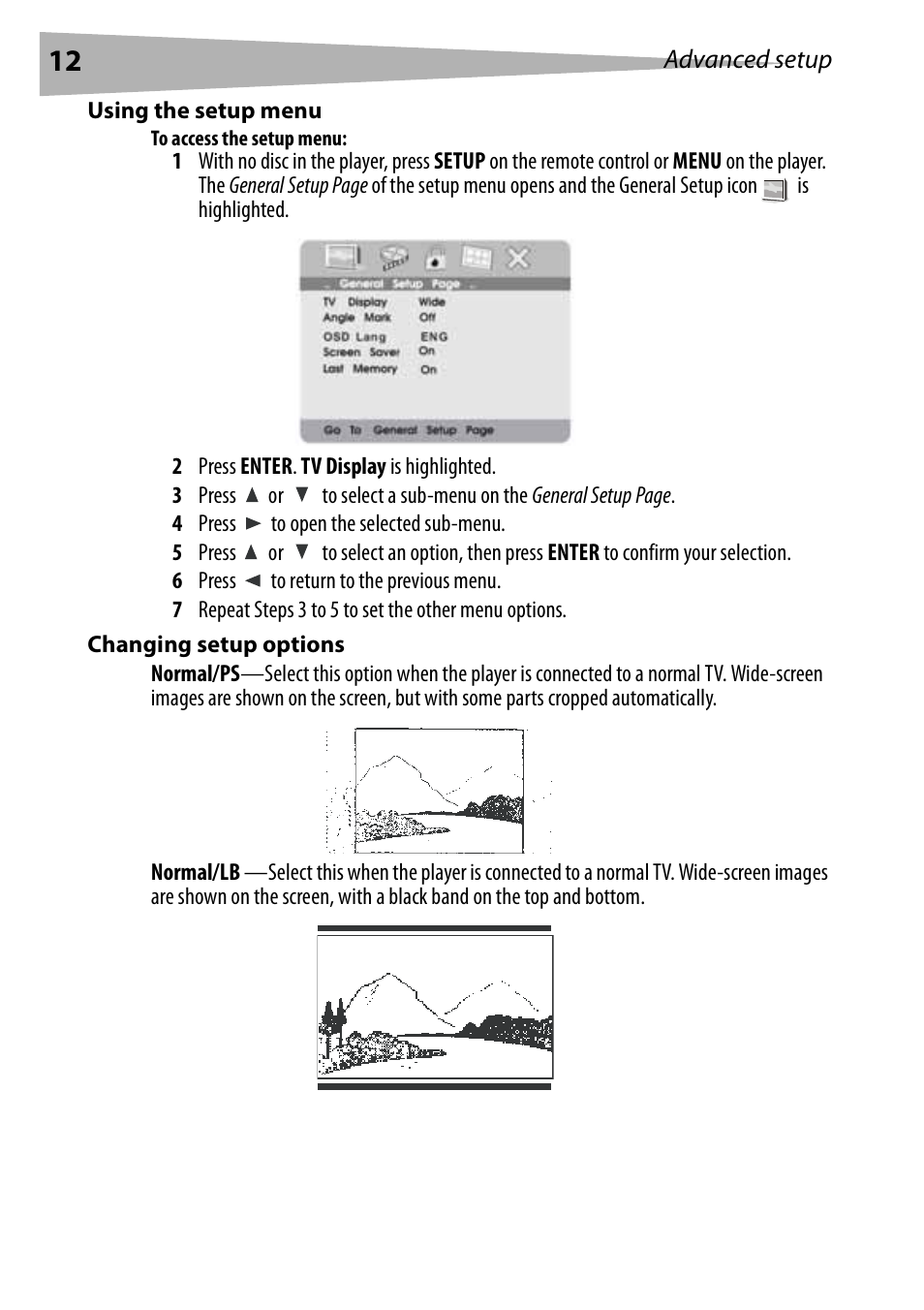 Using the setup menu, To access the setup menu, Changing setup options | Dynex DX-PDVD7 User Manual | Page 12 / 82