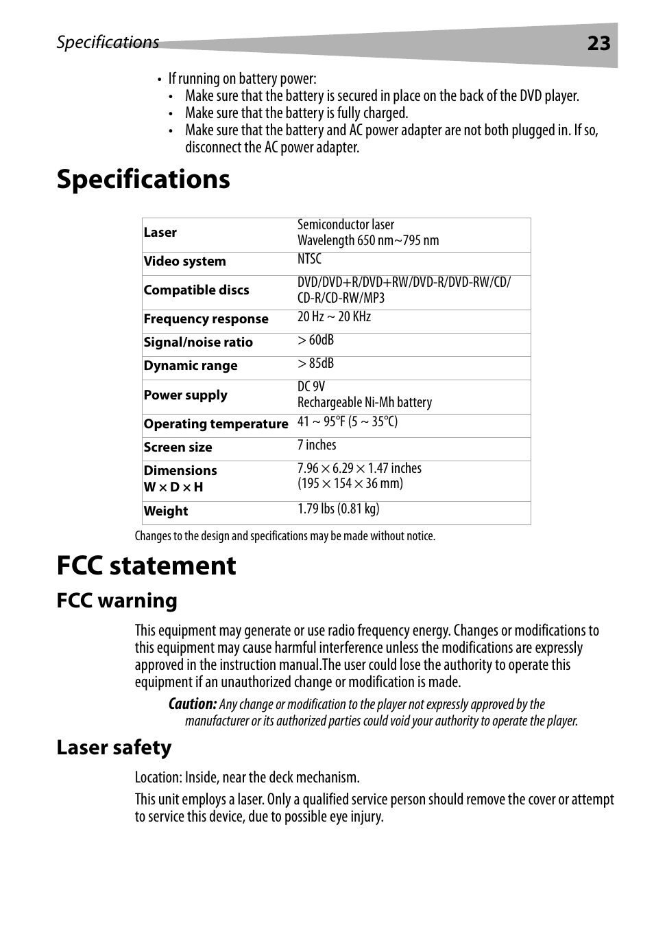 Specifications, Fcc statement, Fcc warning | Laser safety | Dynex DX-PDVD7 User Manual | Page 23 / 82