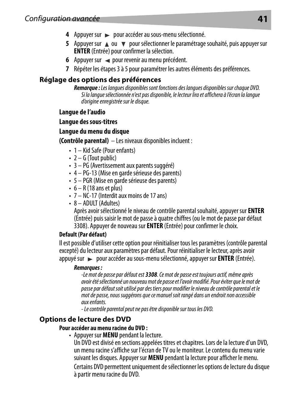 Réglage des options des préférences, Default (par défaut), Options de lecture des dvd | Pour accéder au menu racine du dvd | Dynex DX-PDVD7 User Manual | Page 41 / 82