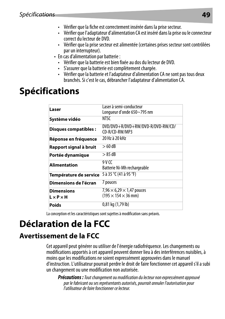 Spécifications, Déclaration de la fcc, Avertissement de la fcc | Dynex DX-PDVD7 User Manual | Page 49 / 82