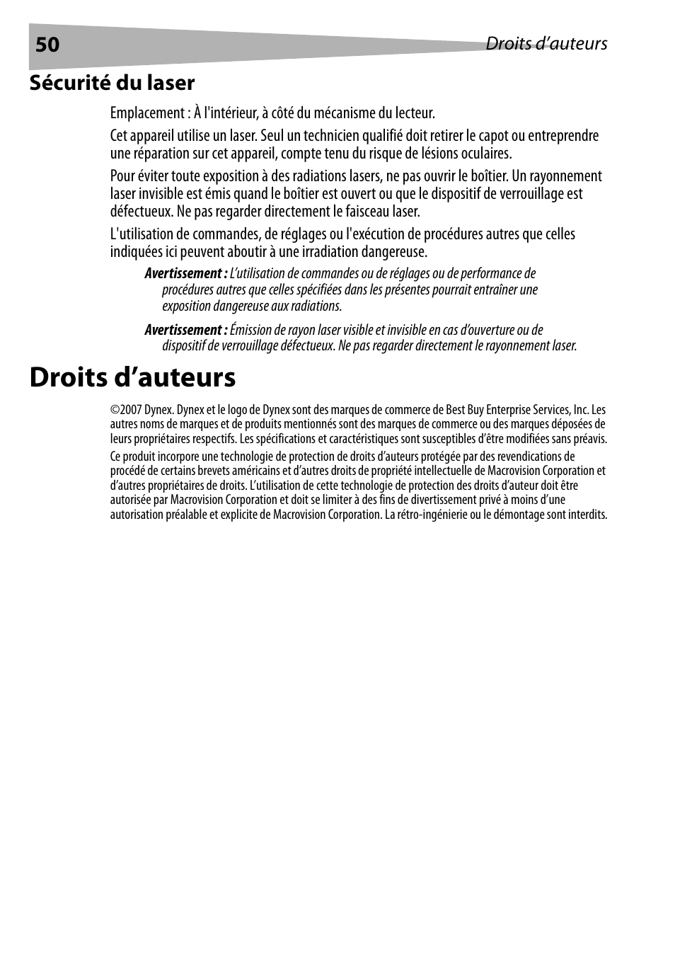 Sécurité du laser, Droits d’auteurs | Dynex DX-PDVD7 User Manual | Page 50 / 82