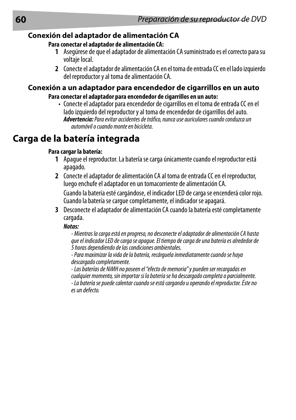 Conexión del adaptador de alimentación ca, Para conectar el adaptador de alimentación ca, Carga de la batería integrada | Para cargar la batería | Dynex DX-PDVD7 User Manual | Page 60 / 82