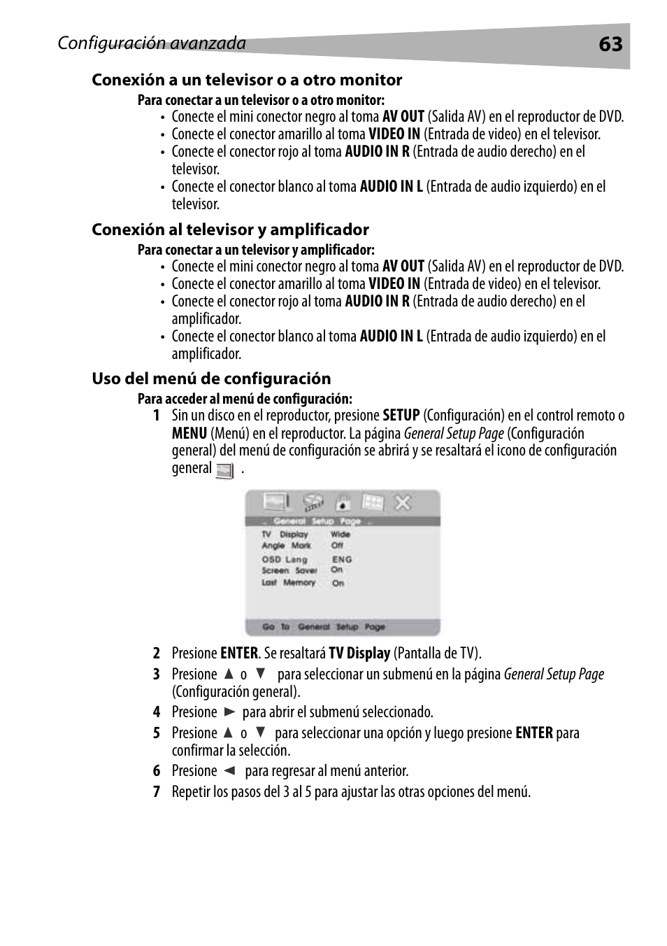 Conexión a un televisor o a otro monitor, Para conectar a un televisor o a otro monitor, Conexión al televisor y amplificador | Para conectar a un televisor y amplificador, Uso del menú de configuración, Para acceder al menú de configuración | Dynex DX-PDVD7 User Manual | Page 63 / 82