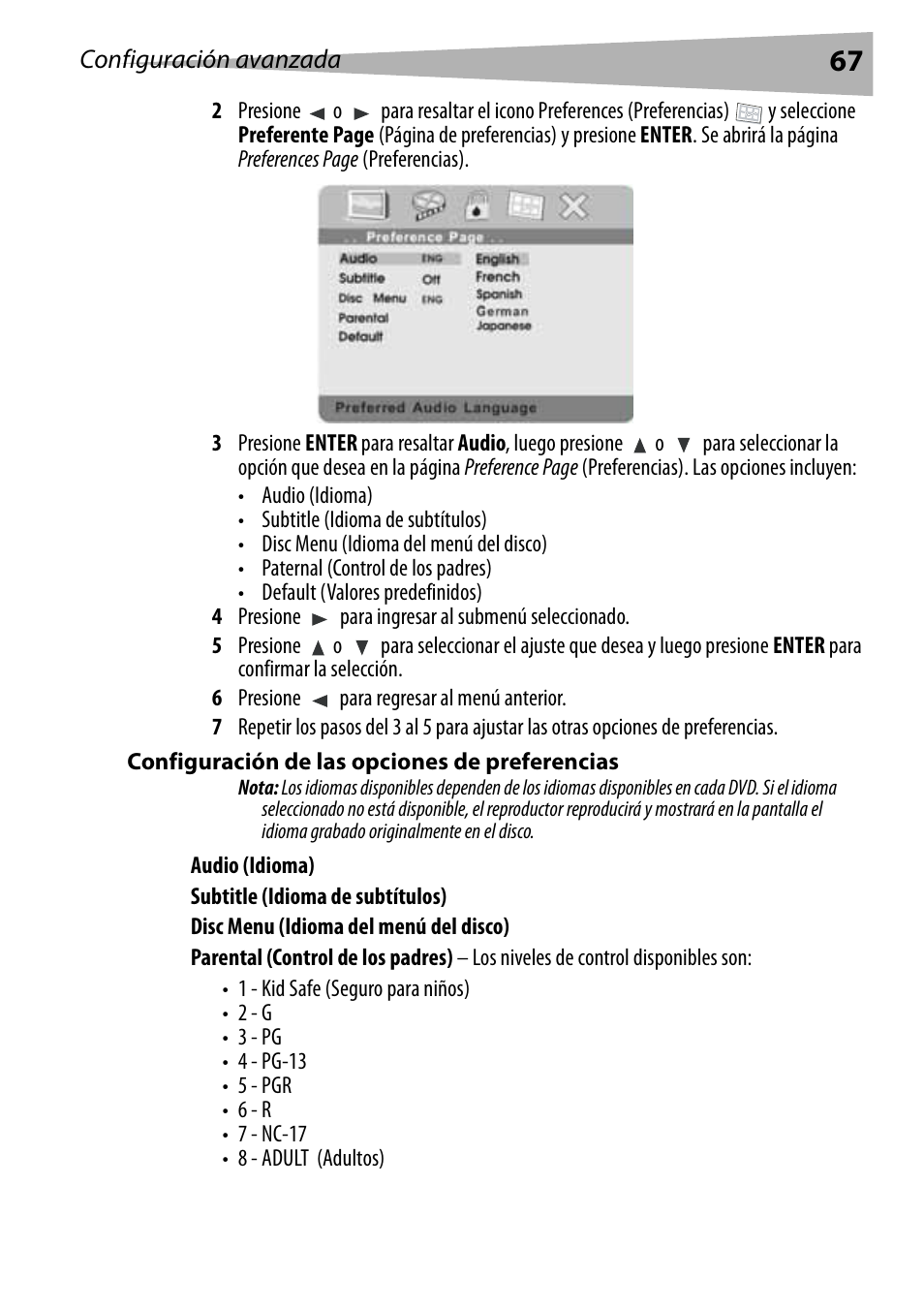 Configuración de las opciones de preferencias | Dynex DX-PDVD7 User Manual | Page 67 / 82