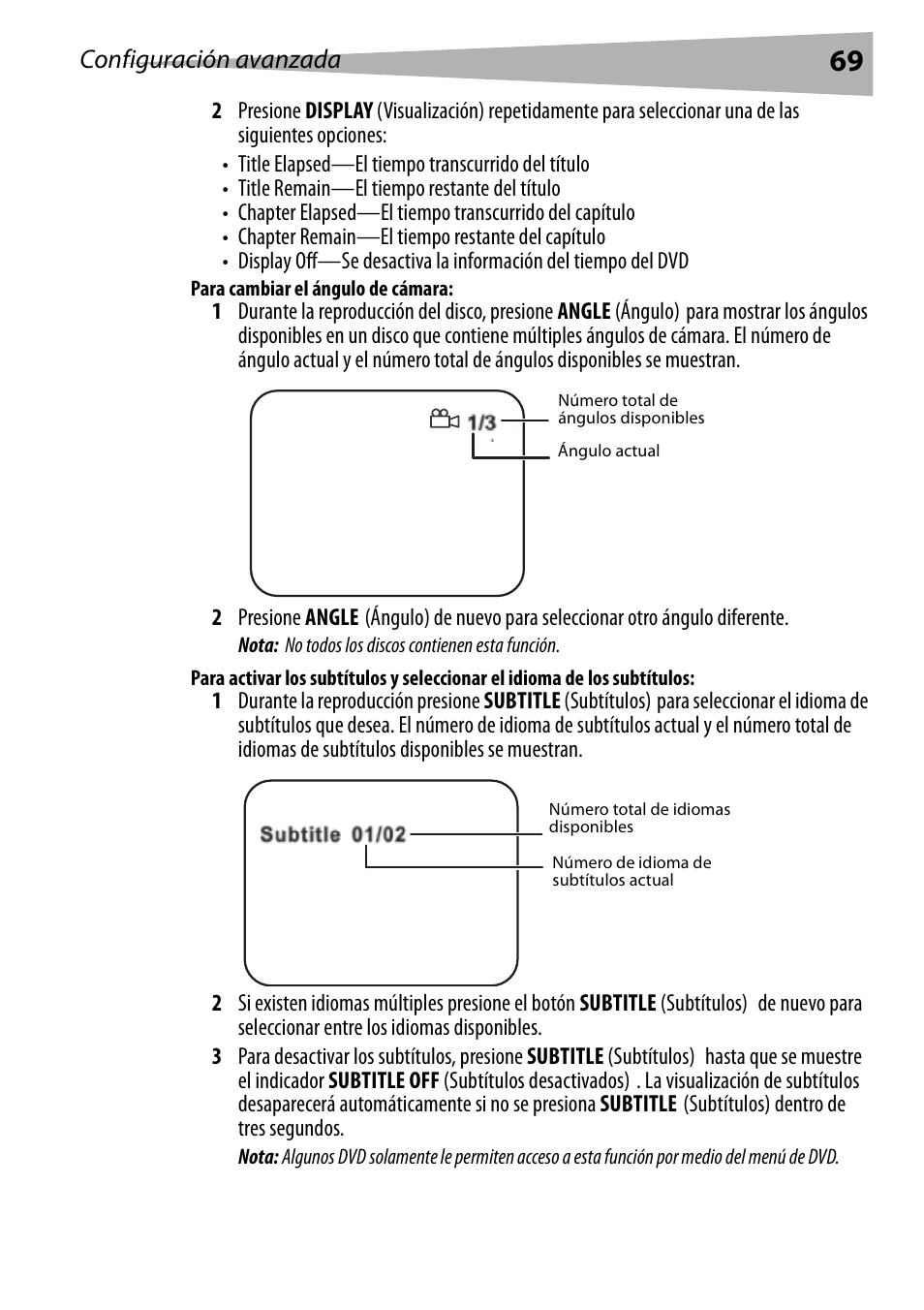 Para cambiar el ángulo de cámara, Configuración avanzada | Dynex DX-PDVD7 User Manual | Page 69 / 82