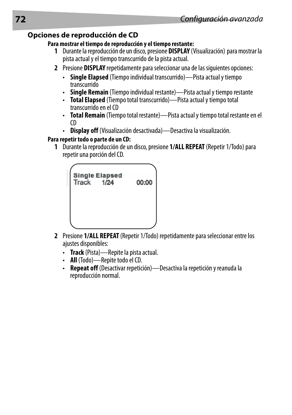 Opciones de reproducción de cd, Para repetir todo o parte de un cd | Dynex DX-PDVD7 User Manual | Page 72 / 82