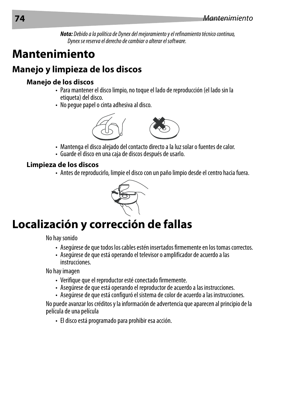 Mantenimiento, Manejo y limpieza de los discos, Manejo de los discos | Limpieza de los discos, Localización y corrección de fallas, Mantenimiento localización y corrección de fallas | Dynex DX-PDVD7 User Manual | Page 74 / 82