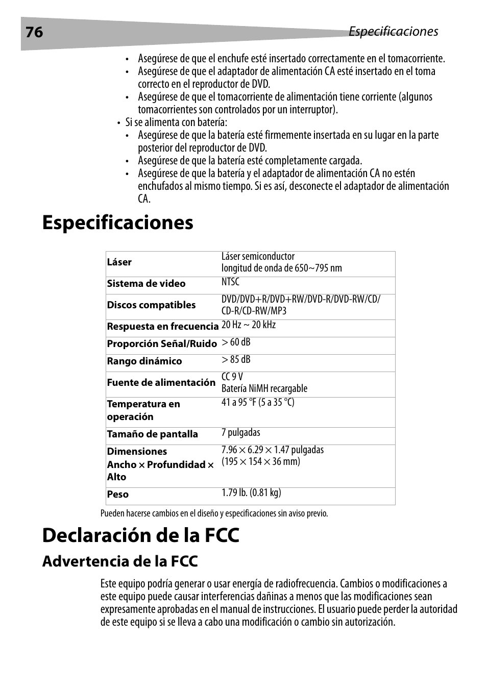 Especificaciones, Declaración de la fcc, Advertencia de la fcc | Dynex DX-PDVD7 User Manual | Page 76 / 82