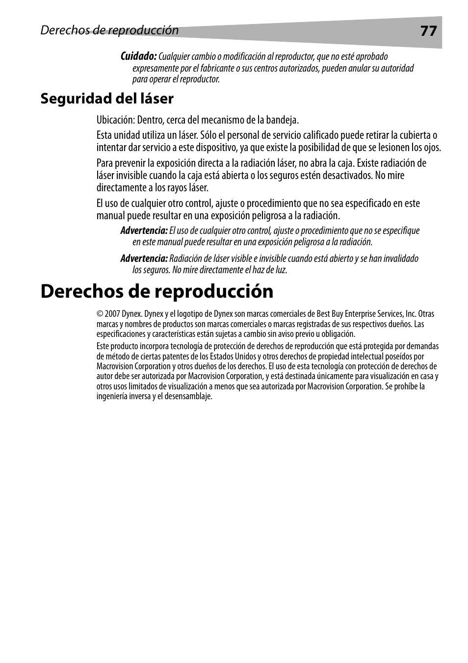 Seguridad del láser, Derechos de reproducción | Dynex DX-PDVD7 User Manual | Page 77 / 82