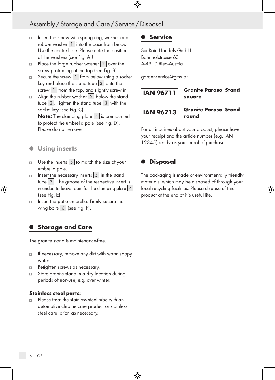Assembly / storage and care / service / disposal, Using inserts, Storage and care | Service, Disposal | Florabest Granite Parasol Stand User Manual | Page 6 / 13