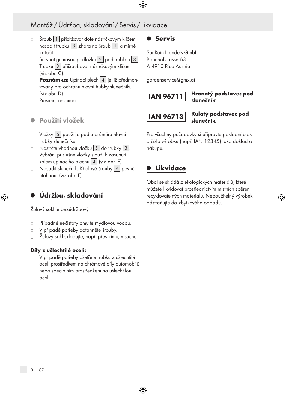 Montáž / údržba, skladování / servis / likvidace, Použití vložek, Údržba, skladování | Servis, Likvidace | Florabest Granite Parasol Stand User Manual | Page 8 / 13
